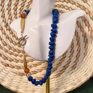 BOHEMIAN Blue and Gold Beaded Necklace With Toggle